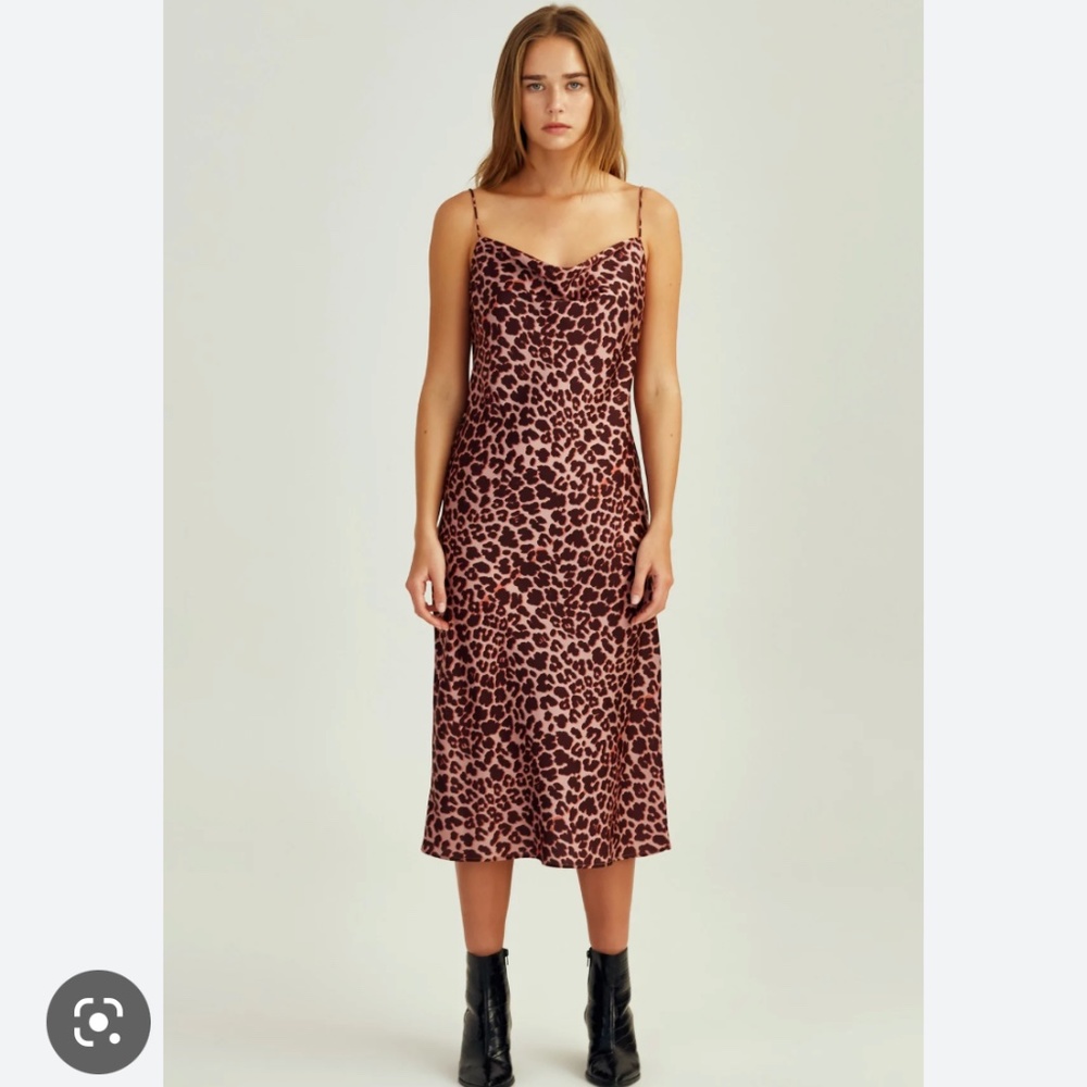 the fifth label animal print pink satin midi dress